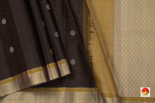 Black Kanchipuram Silk Saree Handwoven Pure Silk No Zari Light Weight With Medium Border Office Wear PV KNN 176 - Silk Sari - Panjavarnam