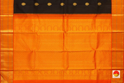 Black Kanchipuram Silk Saree with A Contrast Orange Border Handwoven Pure Silk Pure Zari For Wedding Wear PV NYC 914 - Silk Sari - Panjavarnam
