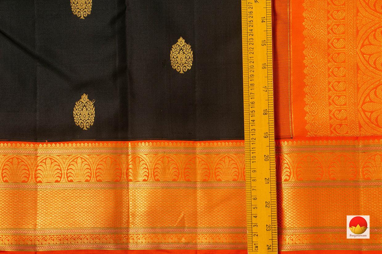 Black Kanchipuram Silk Saree with A Contrast Orange Border Handwoven Pure Silk Pure Zari For Wedding Wear PV NYC 914 - Silk Sari - Panjavarnam