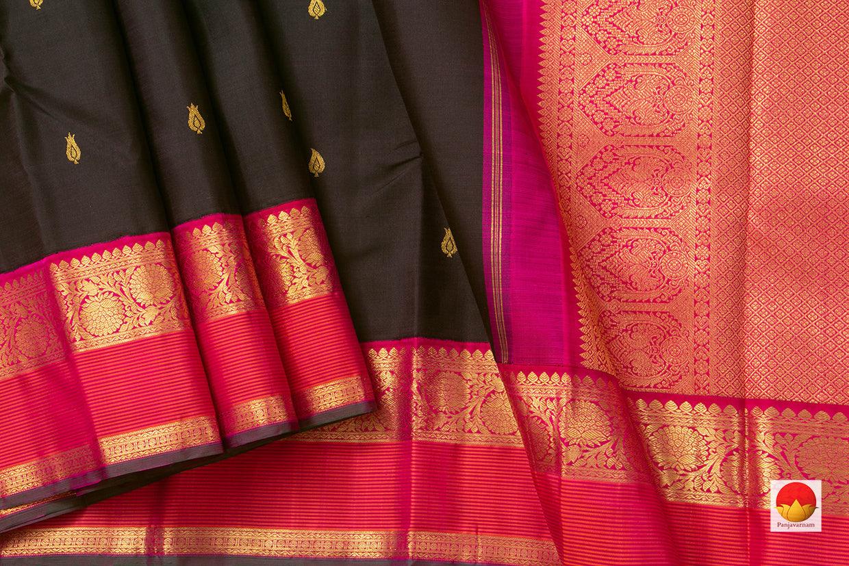 Black Kanchipuram Silk Saree With A Contrast Pink Border Handwoven Pure Silk Pure Zari For Baby Shower PV NYC 907 - Silk Sari - Panjavarnam