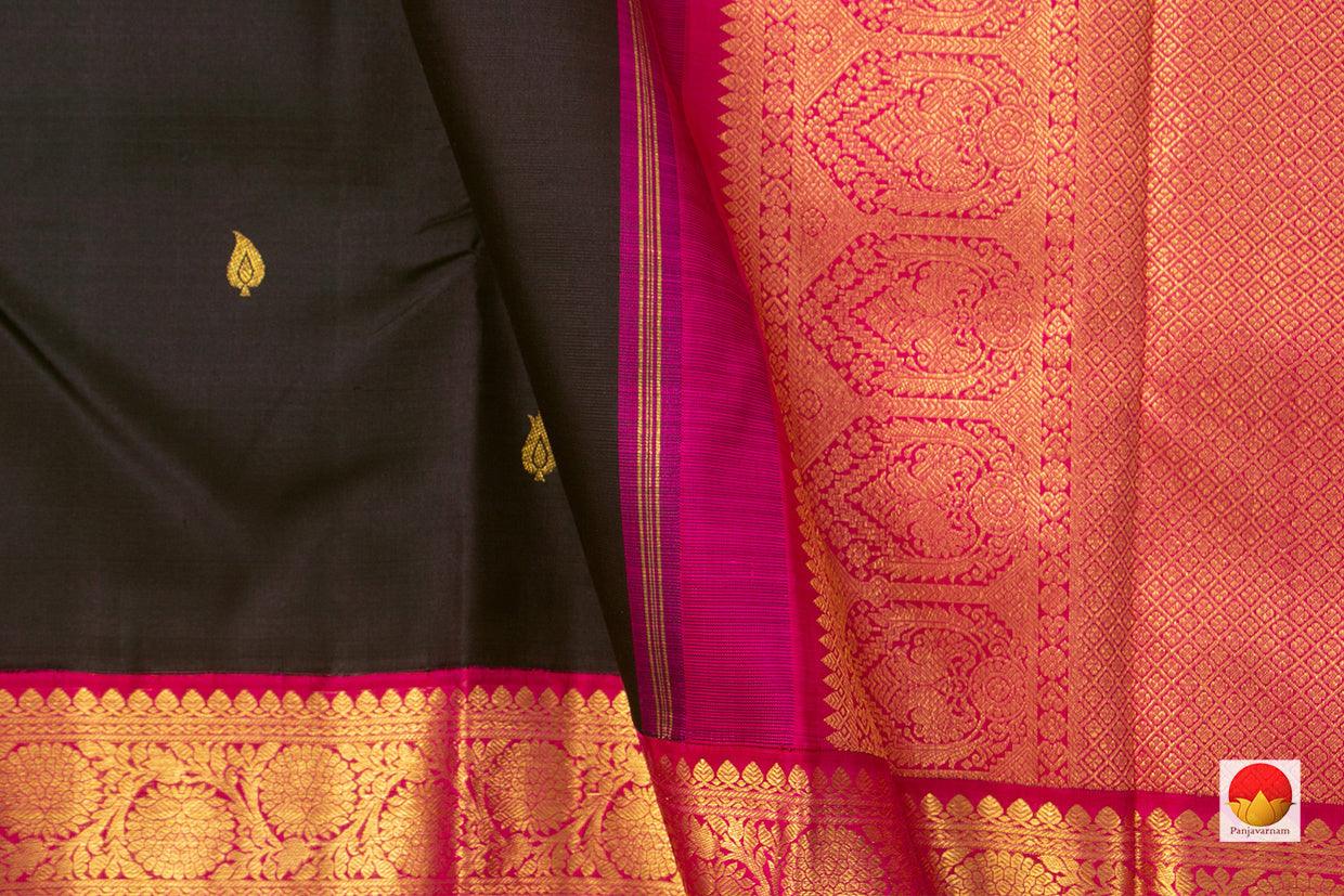 Black Kanchipuram Silk Saree With A Contrast Pink Border Handwoven Pure Silk Pure Zari For Baby Shower PV NYC 907 - Silk Sari - Panjavarnam
