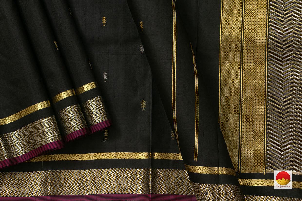 Black Kanchipuram Silk Saree With Gold And Silver Buttas Handwoven Pure Silk Pure Zari For Office Wear PV ABI 1221 - Silk Sari - Panjavarnam PV ABI 1221