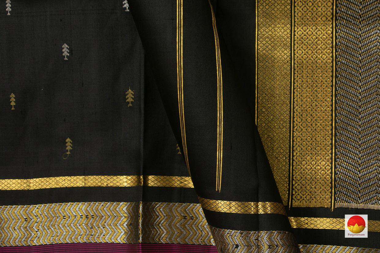 Black Kanchipuram Silk Saree With Gold And Silver Buttas Handwoven Pure Silk Pure Zari For Office Wear PV ABI 1221 - Silk Sari - Panjavarnam PV ABI 1221