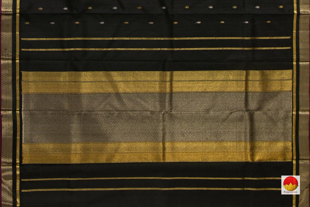 Black Kanchipuram Silk Saree With Gold And Silver Buttas Handwoven Pure Silk Pure Zari For Office Wear PV ABI 1221 - Silk Sari - Panjavarnam PV ABI 1221