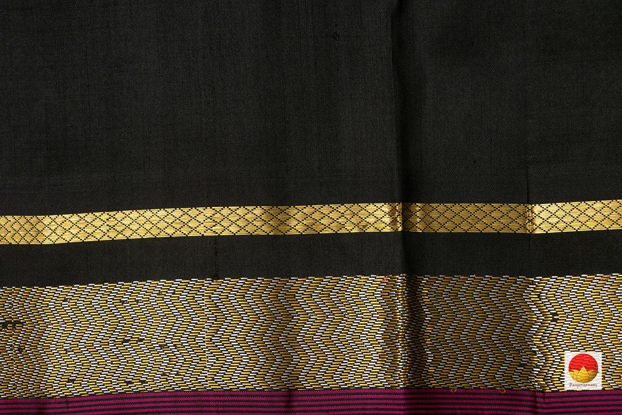 Black Kanchipuram Silk Saree With Gold And Silver Buttas Handwoven Pure Silk Pure Zari For Office Wear PV ABI 1221 - Silk Sari - Panjavarnam PV ABI 1221