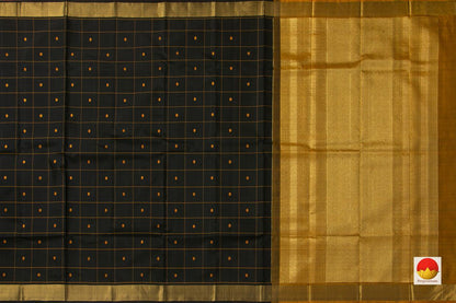Black Kanchipuram Silk Saree With Mustard Checks Handwoven Pure Silk - Pure Zari For Office Wear PV ABI 1225 - Silk Sari - Panjavarnam