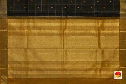 Black Kanchipuram Silk Saree With Mustard Checks Handwoven Pure Silk - Pure Zari For Office Wear PV ABI 1225 - Silk Sari - Panjavarnam