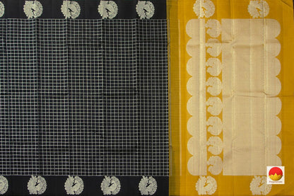 Black Kanchipuram Silk Saree With Silver Checks Handwoven Pure Silk Pure Zari For Office Wear PV NYC 975 - Silk Sari - Panjavarnam