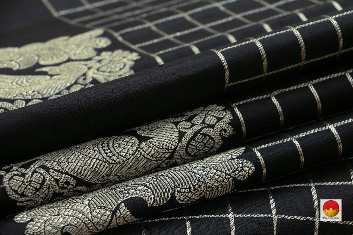 Black Kanchipuram Silk Saree With Silver Checks Handwoven Pure Silk Pure Zari For Office Wear PV NYC 975 - Silk Sari - Panjavarnam
