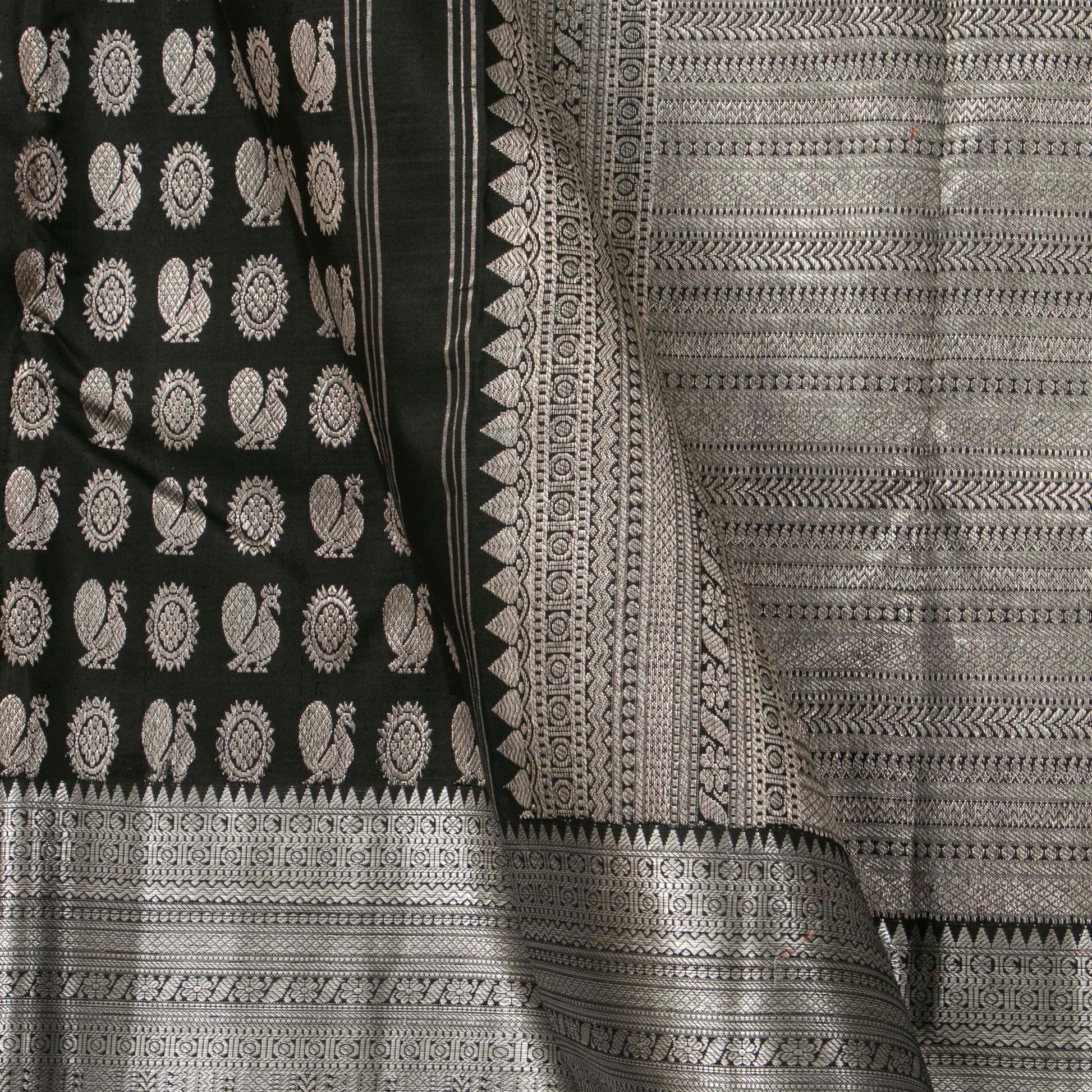 Black Kanchipuram Silk Saree With Silver Zari For Bridal Wear PV NYC 1365 - Silk Sari - Panjavarnam PV NYC 1365