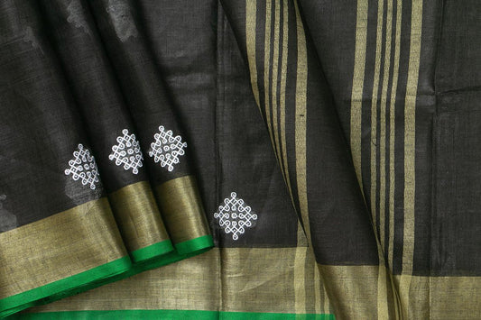 Black Linen Saree With Embroidery And Gold Zari Border PL 2039 - Linen Sari - Panjavarnam