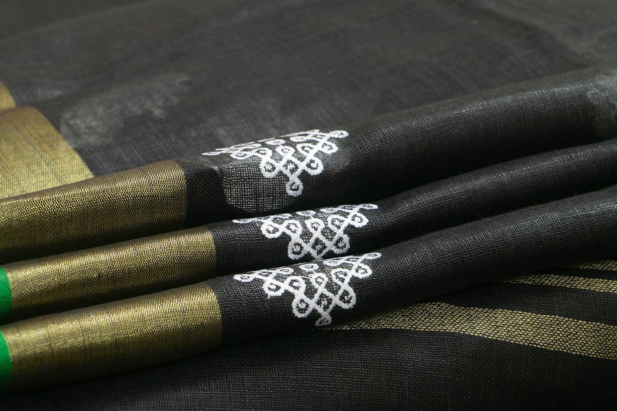 Black Linen Saree With Embroidery And Gold Zari Border PL 2039 - Linen Sari - Panjavarnam