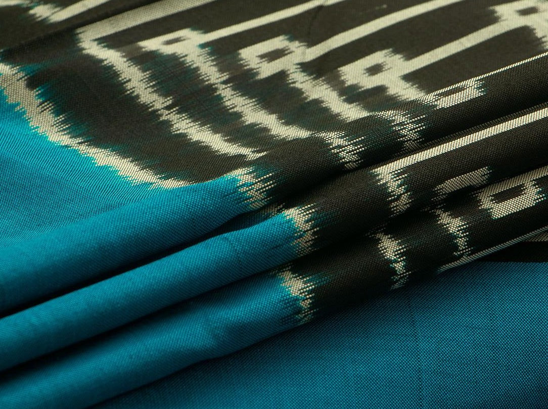 Black Pochampally Silk Saree With Blue Border Ikkat Handwoven Pure Silk For Office Wear PIK 322 - Pochampally Silk - Panjavarnam PIK 322