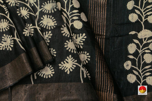 Black Pure Tussar Silk Saree With Zari Border Handwoven PT 764 - Tussar Silk - Panjavarnam