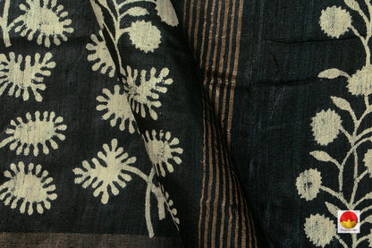 Black Pure Tussar Silk Saree With Zari Border Handwoven PT 764 - Tussar Silk - Panjavarnam