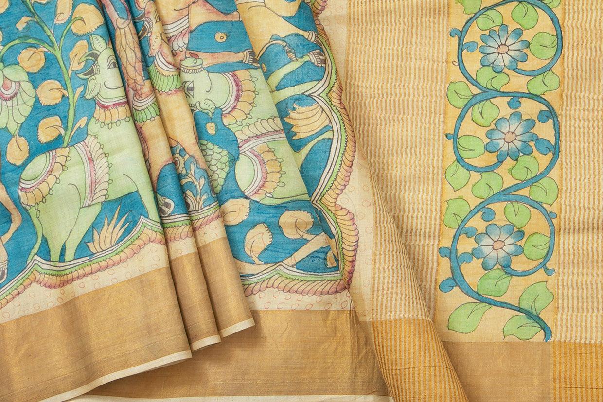 Blue And Beige Kalamkari Tussar Silk Saree Handpainted Floral, Cow Patterns Organic Vegetable Dyes PT K VSR 119 - Kalamkari Silk - Panjavarnam PT K VSR 119