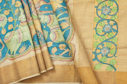 Blue And Beige Kalamkari Tussar Silk Saree Handpainted Floral, Cow Patterns Organic Vegetable Dyes PT K VSR 119 - Kalamkari Silk - Panjavarnam PT K VSR 119