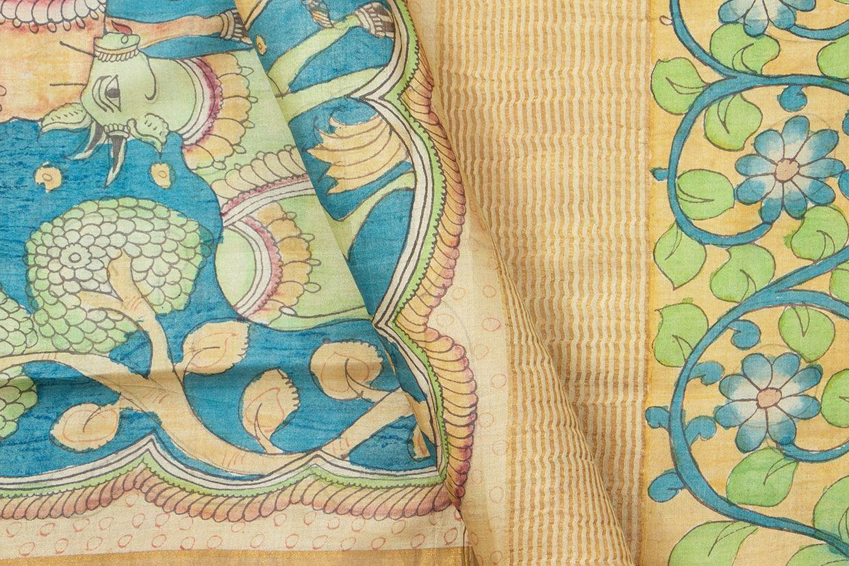 Blue And Beige Kalamkari Tussar Silk Saree Handpainted Floral, Cow Patterns Organic Vegetable Dyes PT K VSR 119 - Kalamkari Silk - Panjavarnam PT K VSR 119