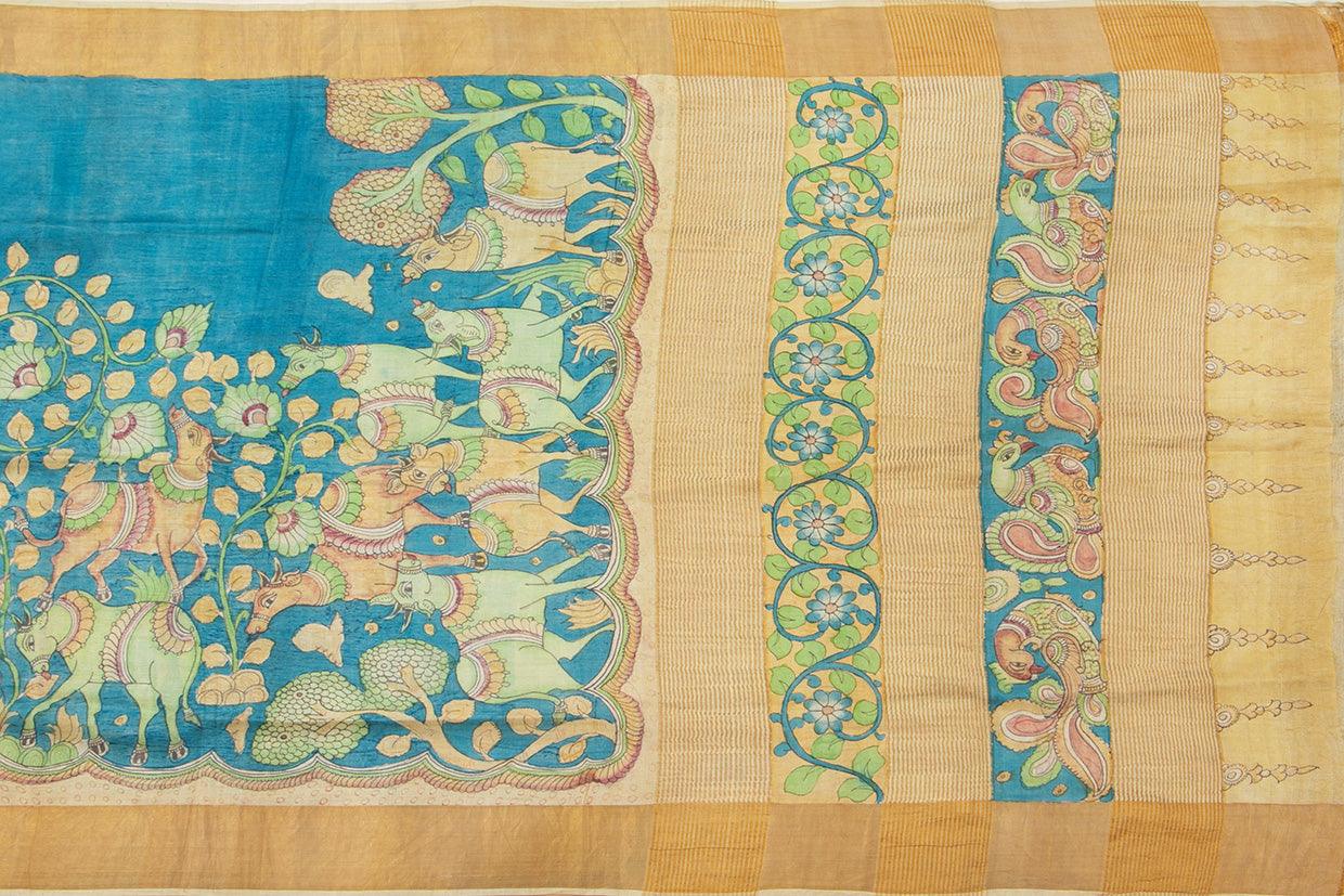 Blue And Beige Kalamkari Tussar Silk Saree Handpainted Floral, Cow Patterns Organic Vegetable Dyes PT K VSR 119 - Kalamkari Silk - Panjavarnam PT K VSR 119