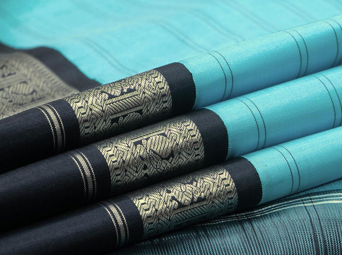 Blue And Black Kanchipuram Silk Saree With Medium Border Handwoven Pure Silk For Festive Wear PV NYC 1073 - Silk Sari - Panjavarnam