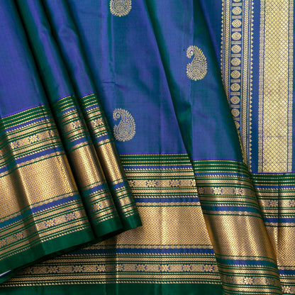 Blue And Green Dual Shade Kanchipuram Silk Saree For Wedding Wear PV ABI 2119 - - Panjavarnam PV ABI 2119