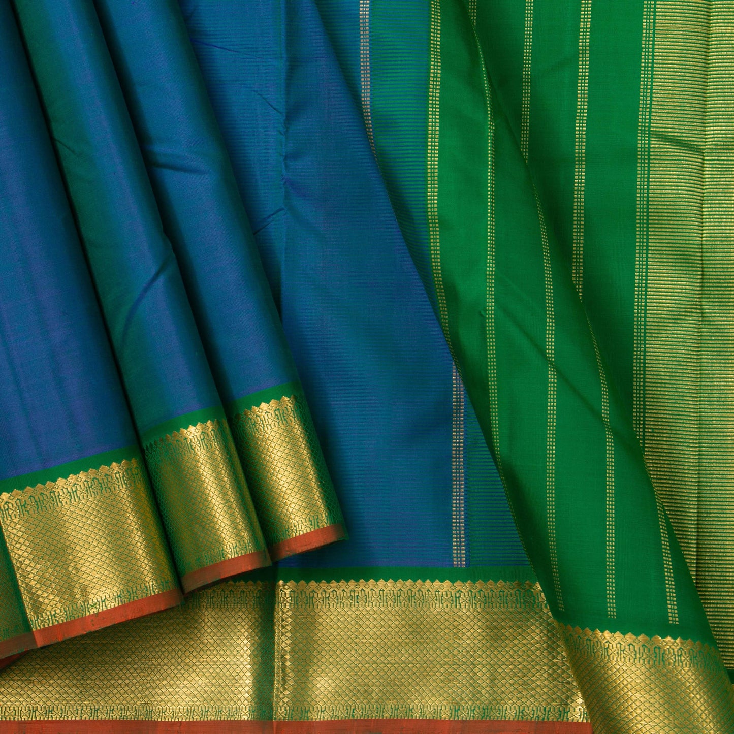 Blue And Green Kanchipuram Silk Saree With Small Border Handwoven Pure Silk For Festive Wear PV J 2470 - Silk Sari - Panjavarnam PV J 2470