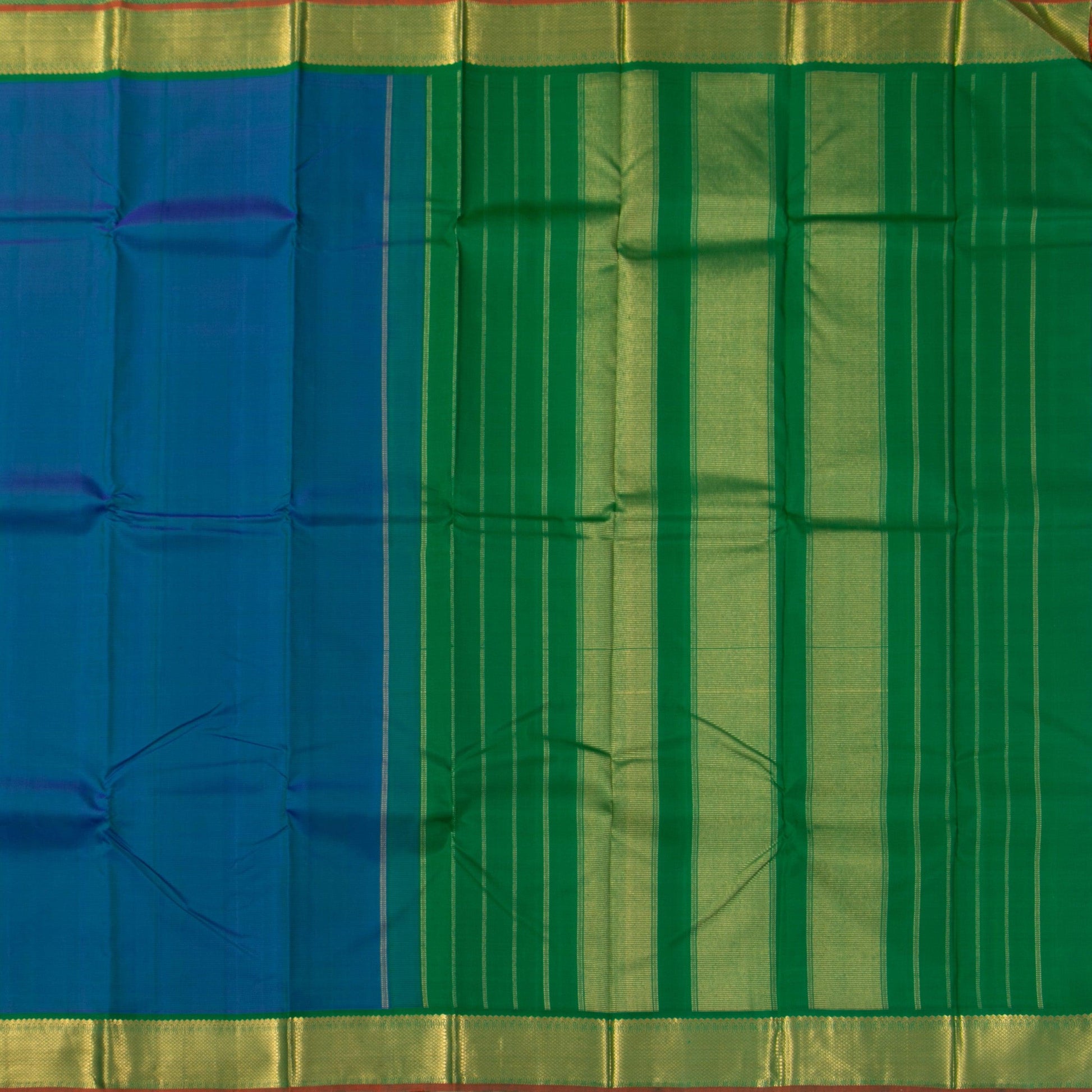 Blue And Green Kanchipuram Silk Saree With Small Border Handwoven Pure Silk For Festive Wear PV J 2470 - Silk Sari - Panjavarnam PV J 2470