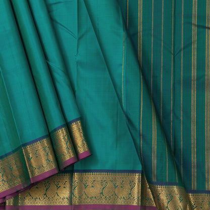 Blue And Green Kanchipuram Silk Saree With Small Border Handwoven Pure Silk For Festive Wear PV J 2473 - Silk Sari - Panjavarnam PV J 2473