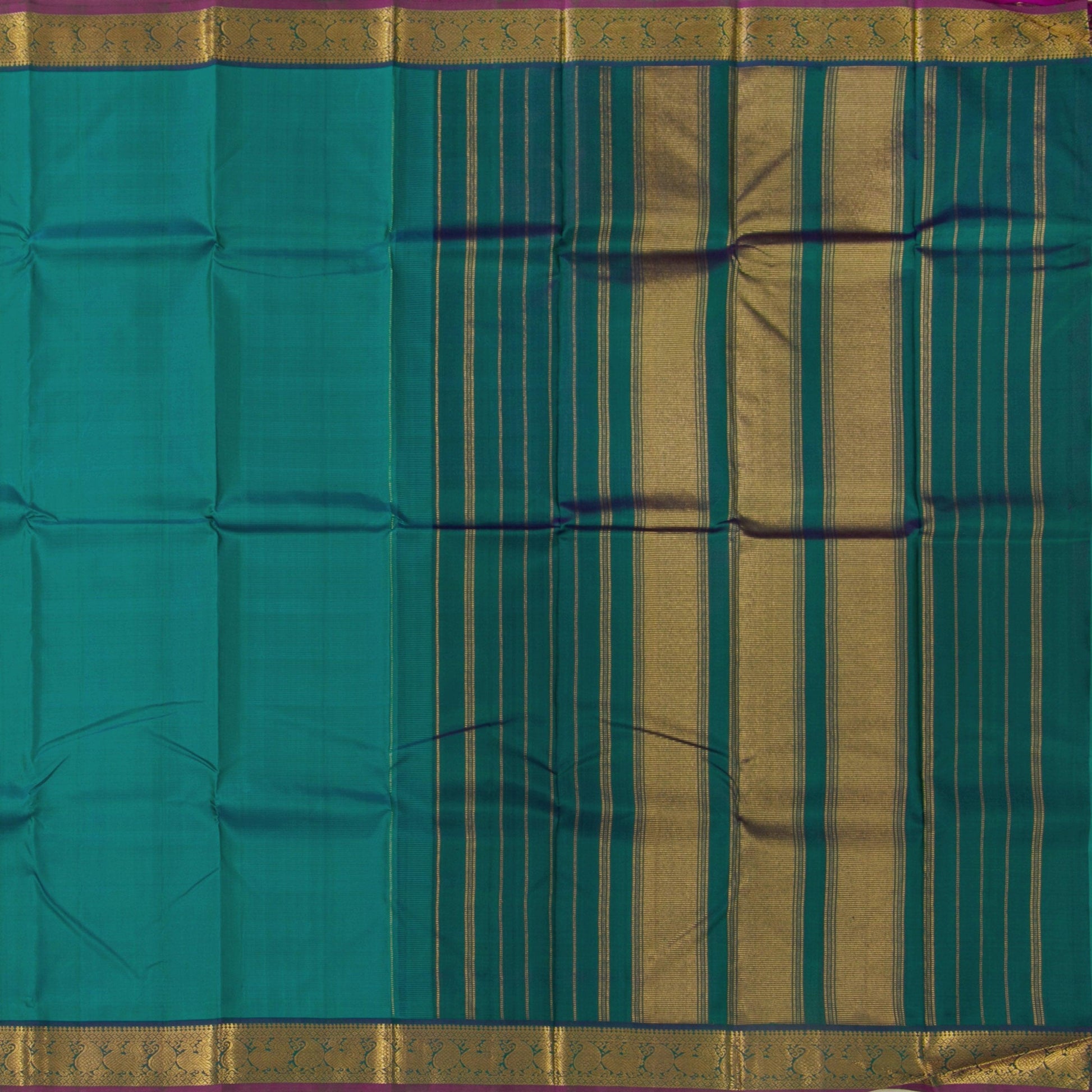 Blue And Green Kanchipuram Silk Saree With Small Border Handwoven Pure Silk For Festive Wear PV J 2473 - Silk Sari - Panjavarnam PV J 2473