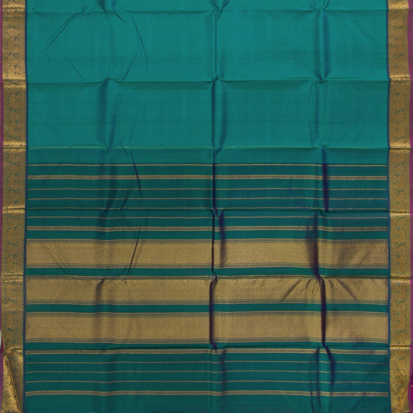 Blue And Green Kanchipuram Silk Saree With Small Border Handwoven Pure Silk For Festive Wear PV J 2473 - Silk Sari - Panjavarnam PV J 2473