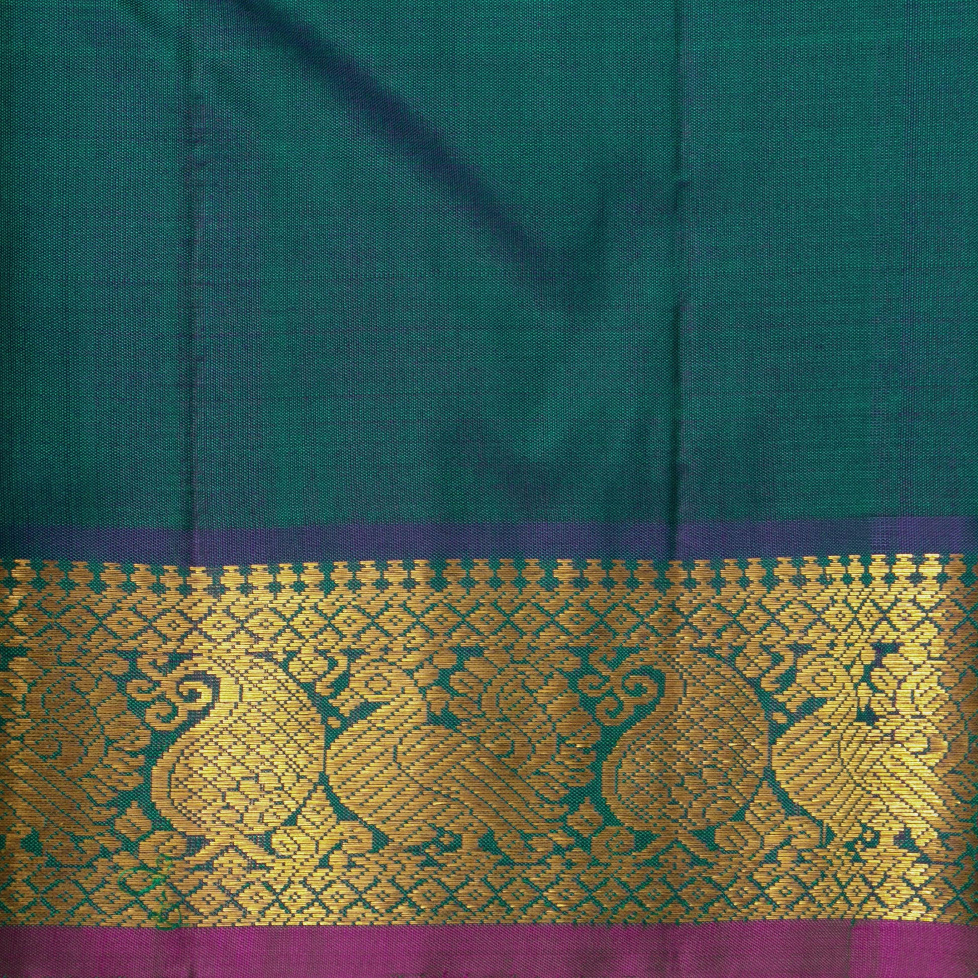 Blue And Green Kanchipuram Silk Saree With Small Border Handwoven Pure Silk For Festive Wear PV J 2473 - Silk Sari - Panjavarnam PV J 2473