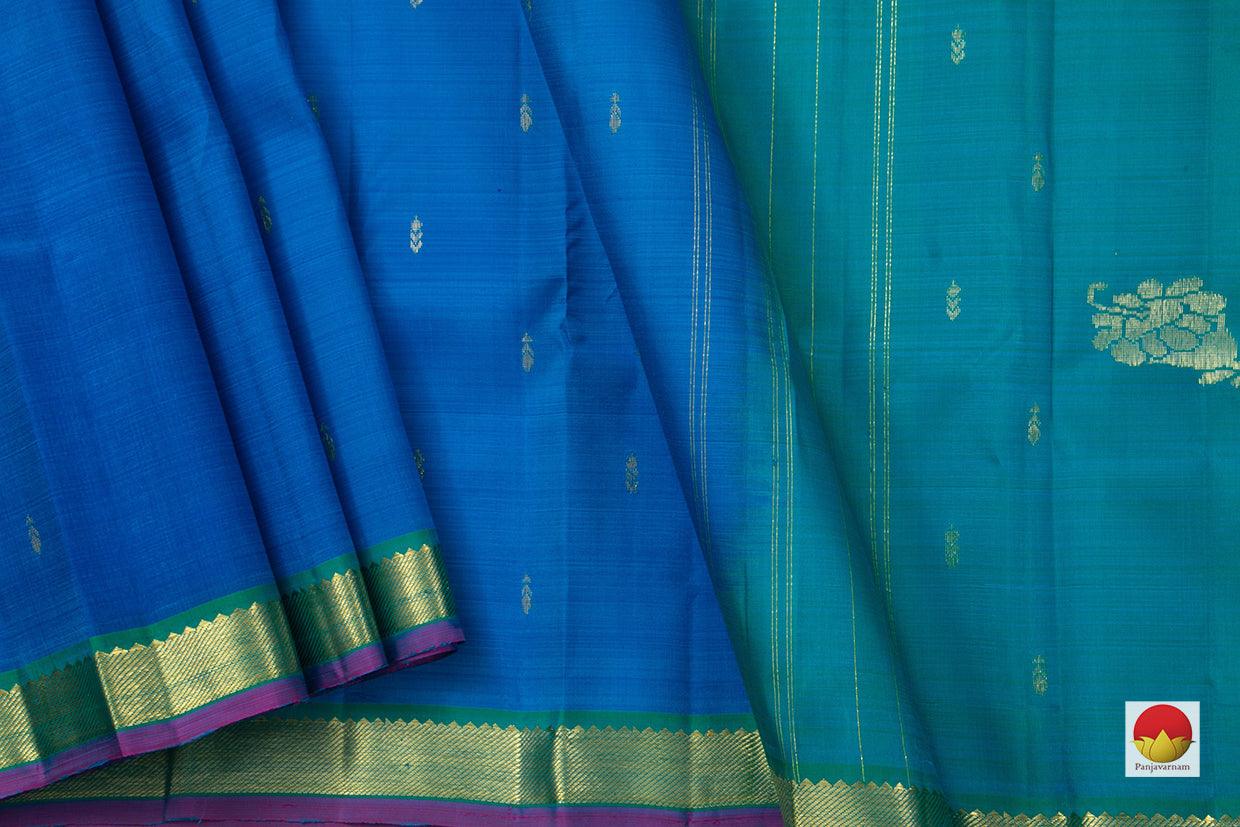 Blue And Green Kanchipuram Silk Saree With Small Border Handwoven Pure Silk For Festive Wear PV NYC 600 - Silk Sari - Panjavarnam PV NYC 600