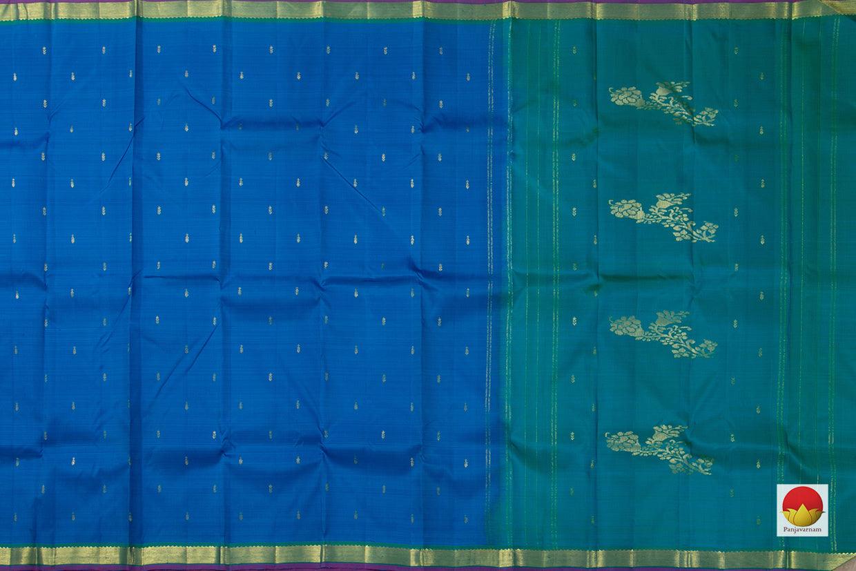 Blue And Green Kanchipuram Silk Saree With Small Border Handwoven Pure Silk For Festive Wear PV NYC 600 - Silk Sari - Panjavarnam PV NYC 600