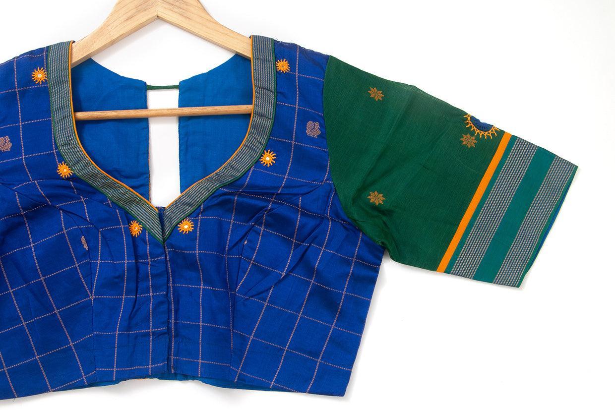 Blue And Green Silkcotton Readymade Blouse PV BL 146 - Blouse - Panjavarnam PV BL 146