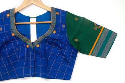 Blue And Green Silkcotton Readymade Blouse PV BL 146 - Blouse - Panjavarnam PV BL 146