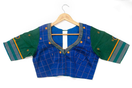 Blue And Green Silkcotton Readymade Blouse PV BL 146 - Blouse - Panjavarnam PV BL 146