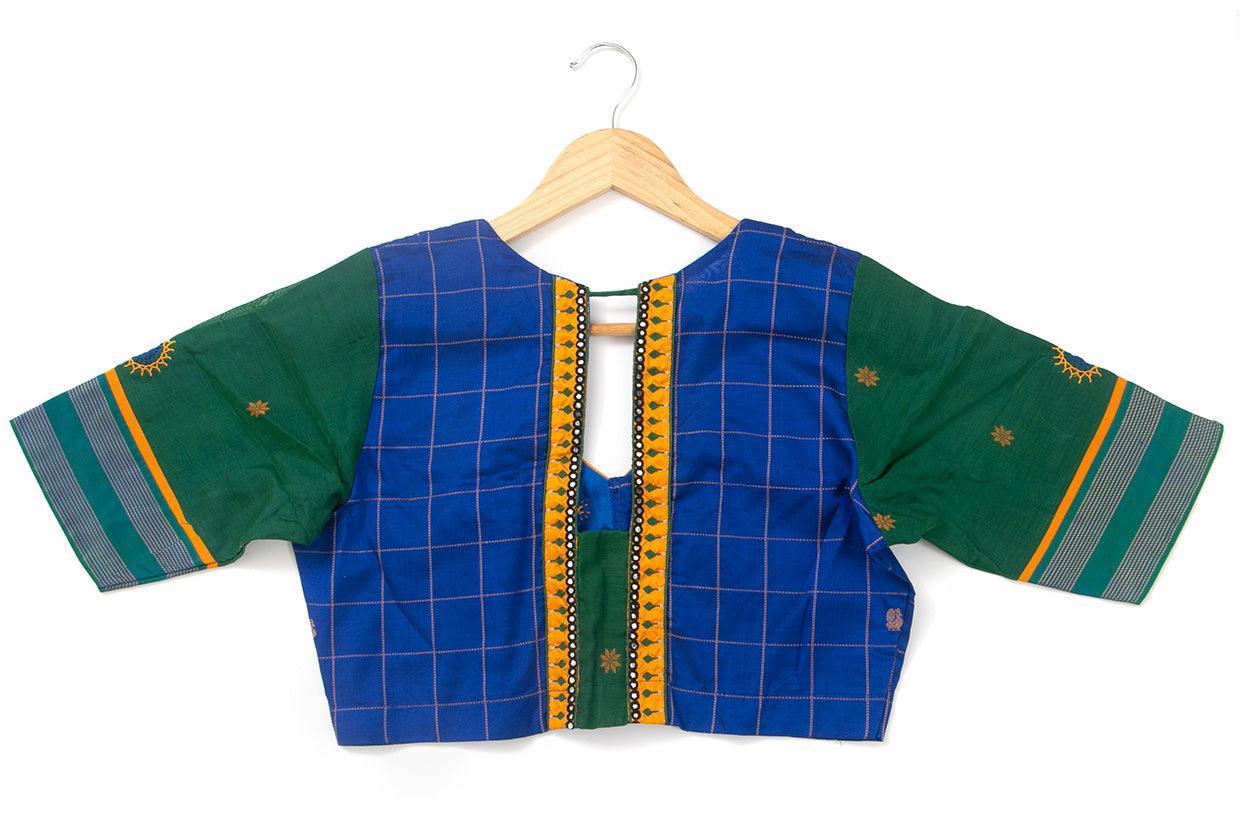 Blue And Green Silkcotton Readymade Blouse PV BL 146 - Blouse - Panjavarnam PV BL 146