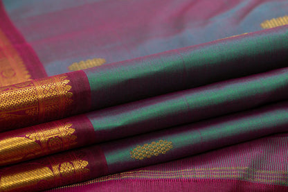 Blue And Magenta Kanchipuram Silk Saree With Medium Border Handwoven Pure Silk For Festive Wear PV J 560 - Silk Sari - Panjavarnam
