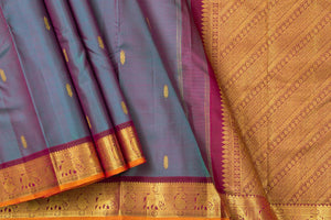 Blue And Magenta Kanchipuram Silk Saree With Medium Border Handwoven Pure Silk For Festive Wear PV J 560 - Silk Sari - Panjavarnam PV J 560