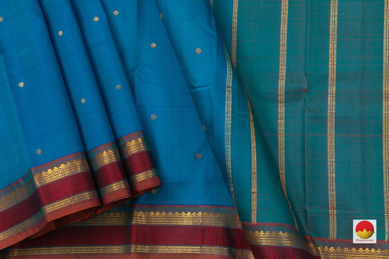 Blue And Maroon Kanchipuram Silk Saree Handwoven Pure Silk Pure Zari With Small Border For Festive Wear PV ABI 48350 - Silk Sari - Panjavarnam