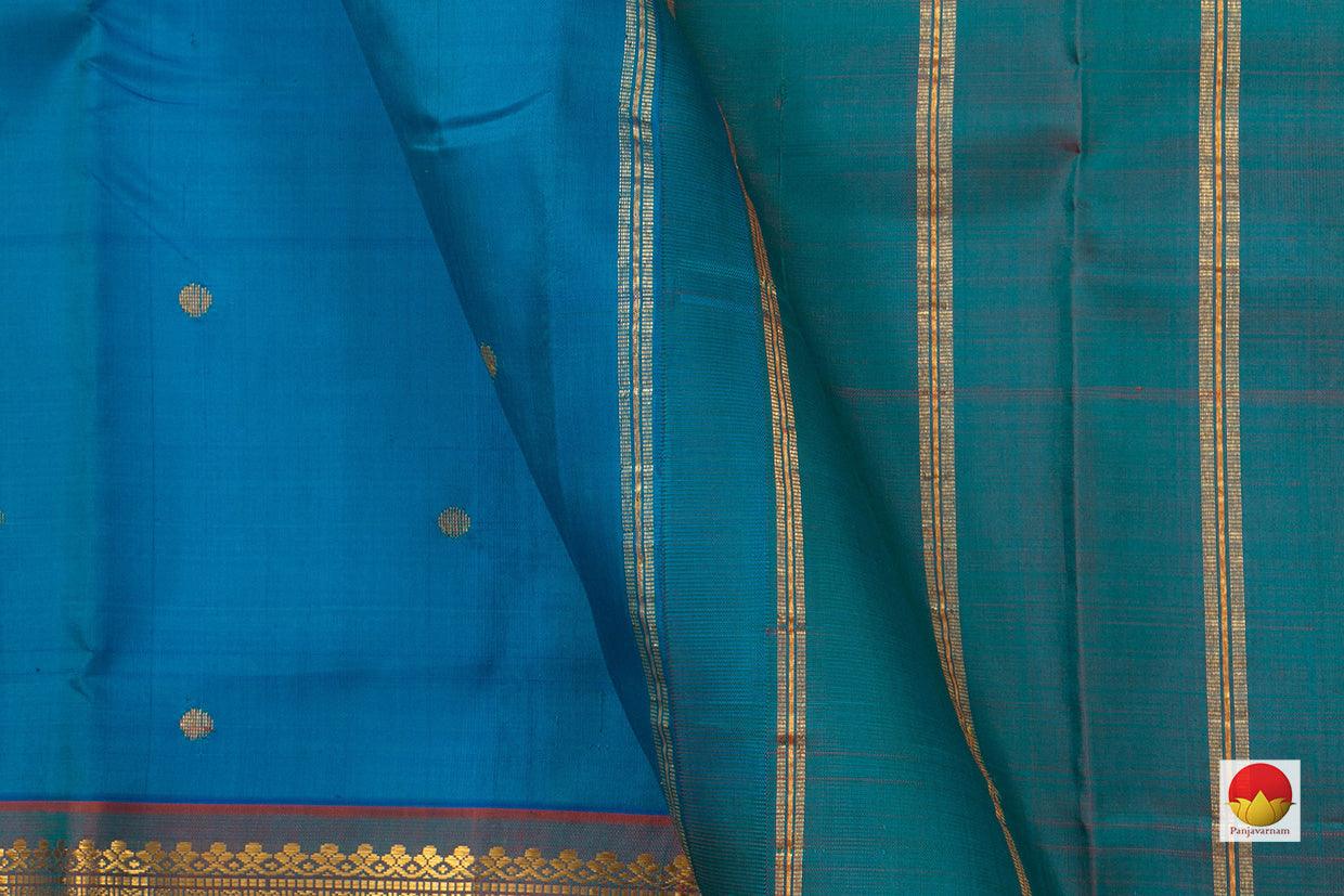 Blue And Maroon Kanchipuram Silk Saree Handwoven Pure Silk Pure Zari With Small Border For Festive Wear PV ABI 48350 - Silk Sari - Panjavarnam PV ABI 48350