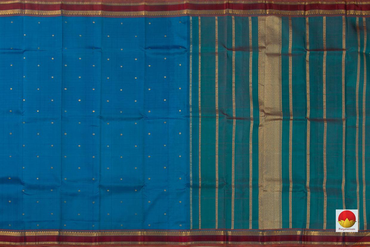 Blue And Maroon Kanchipuram Silk Saree Handwoven Pure Silk Pure Zari With Small Border For Festive Wear PV ABI 48350 - Silk Sari - Panjavarnam PV ABI 48350