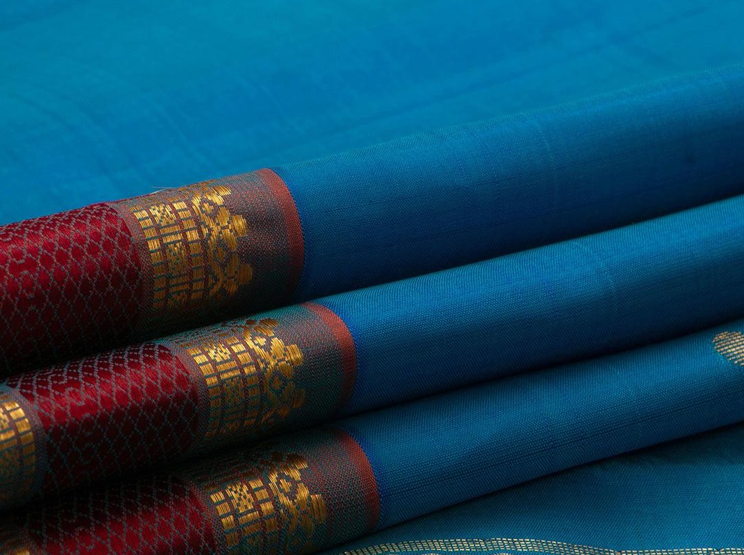 Blue And Maroon Kanchipuram Silk Saree Handwoven Pure Silk Pure Zari With Small Border For Festive Wear PV ABI 48350 - Silk Sari - Panjavarnam PV ABI 48350