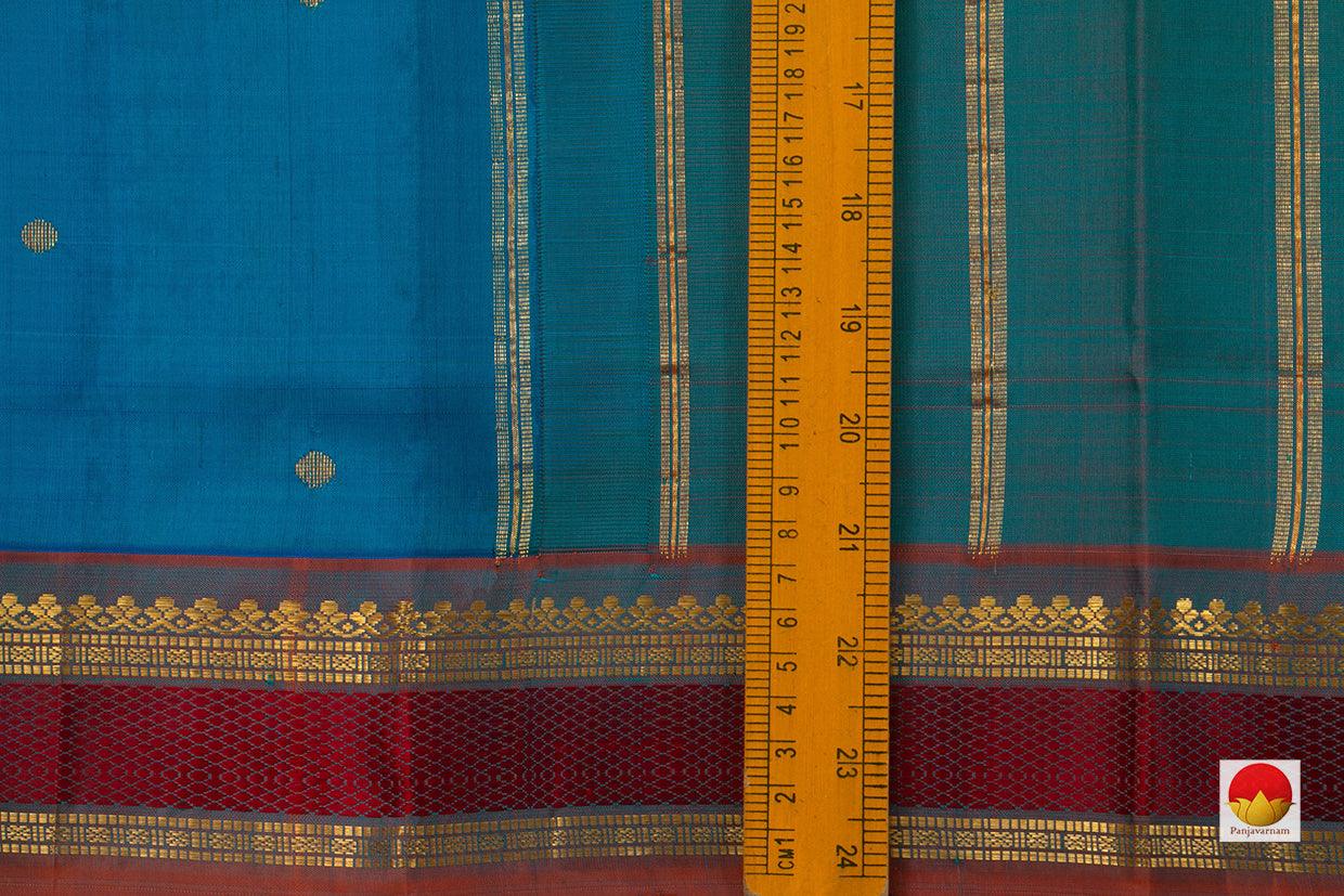 Blue And Maroon Kanchipuram Silk Saree Handwoven Pure Silk Pure Zari With Small Border For Festive Wear PV ABI 48350 - Silk Sari - Panjavarnam PV ABI 48350