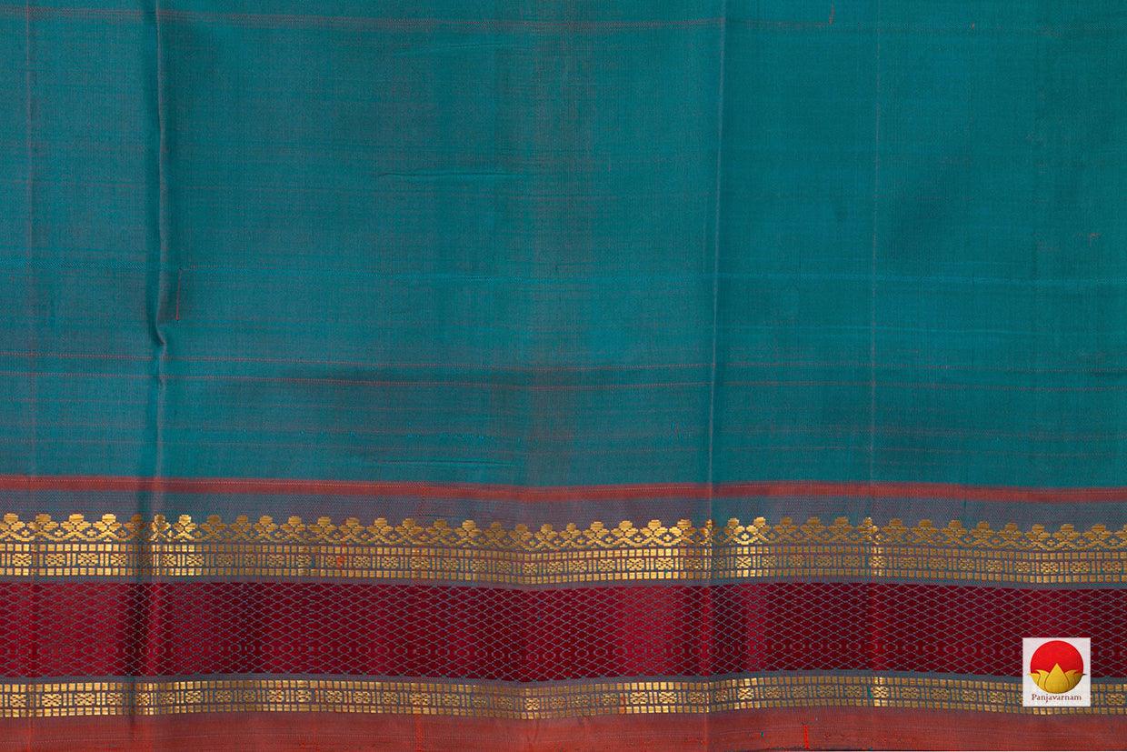 Blue And Maroon Kanchipuram Silk Saree Handwoven Pure Silk Pure Zari With Small Border For Festive Wear PV ABI 48350 - Silk Sari - Panjavarnam PV ABI 48350