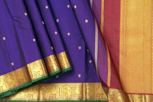 Blue And Maroon Kanchipuram Silk Saree With Small Border Handwoven Pure Silk For Wedding Wear PV NYC 1031 - Silk Sari - Panjavarnam PV NYC 1031