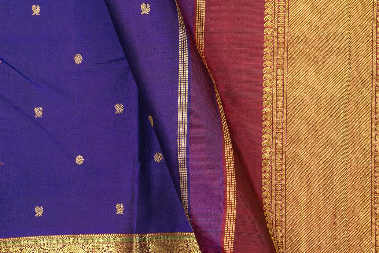 Blue And Maroon Kanchipuram Silk Saree With Small Border Handwoven Pure Silk For Wedding Wear PV NYC 1031 - Silk Sari - Panjavarnam PV NYC 1031