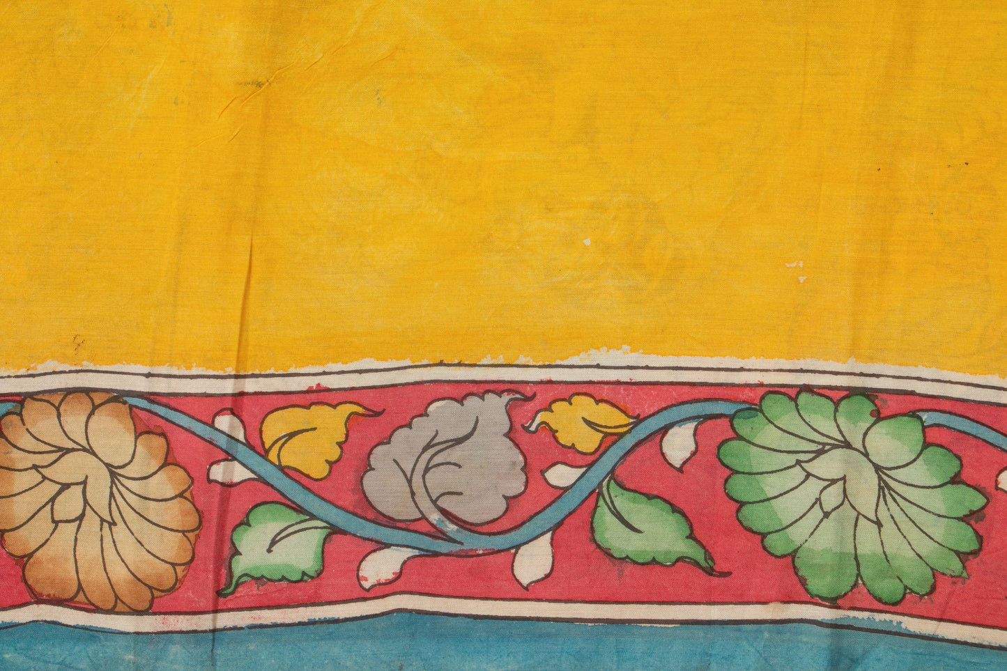 Blue And Mustard Kalamkari Bangalore Silk Saree With Zari Border Handpainted Organic Dyes For Office Wear PKBS 575 - Kalamkari Silk - Panjavarnam PKBS 575