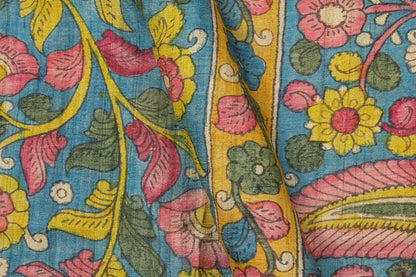 Blue And Mustard Kalamkari Tussar Silk Saree Handpainted Floral Patterns Organic Vegetable Dyes PKM 566 - Tussar Silk - Panjavarnam