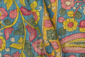 Blue And Mustard Kalamkari Tussar Silk Saree Handpainted Floral Patterns Organic Vegetable Dyes PKM 566 - Tussar Silk - Panjavarnam PKM 566